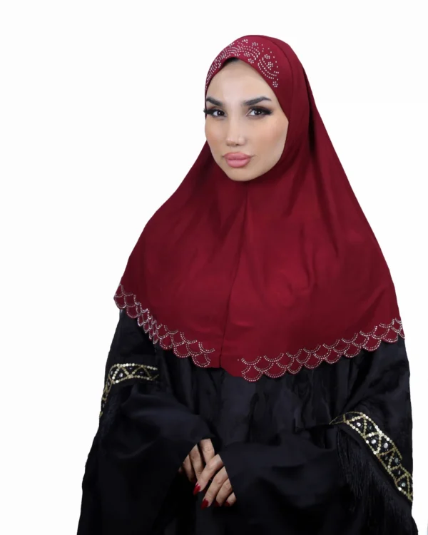 The rear view of a rich Maroon Embroidered Hijab with Beadwork, clearly showing the scalloped rhinestone trim along the bottom edge and the flowing drape of the fabric.