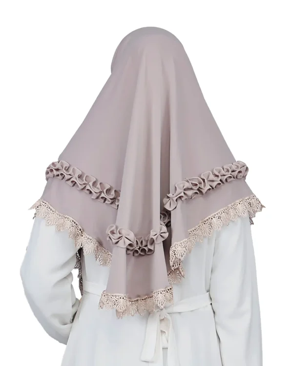 The rear view of the Mauve Grey Ruffled and Lace Hijab, clearly showing the graceful draping, the delicate lace border, and the ruffled fabric detailing on the back.