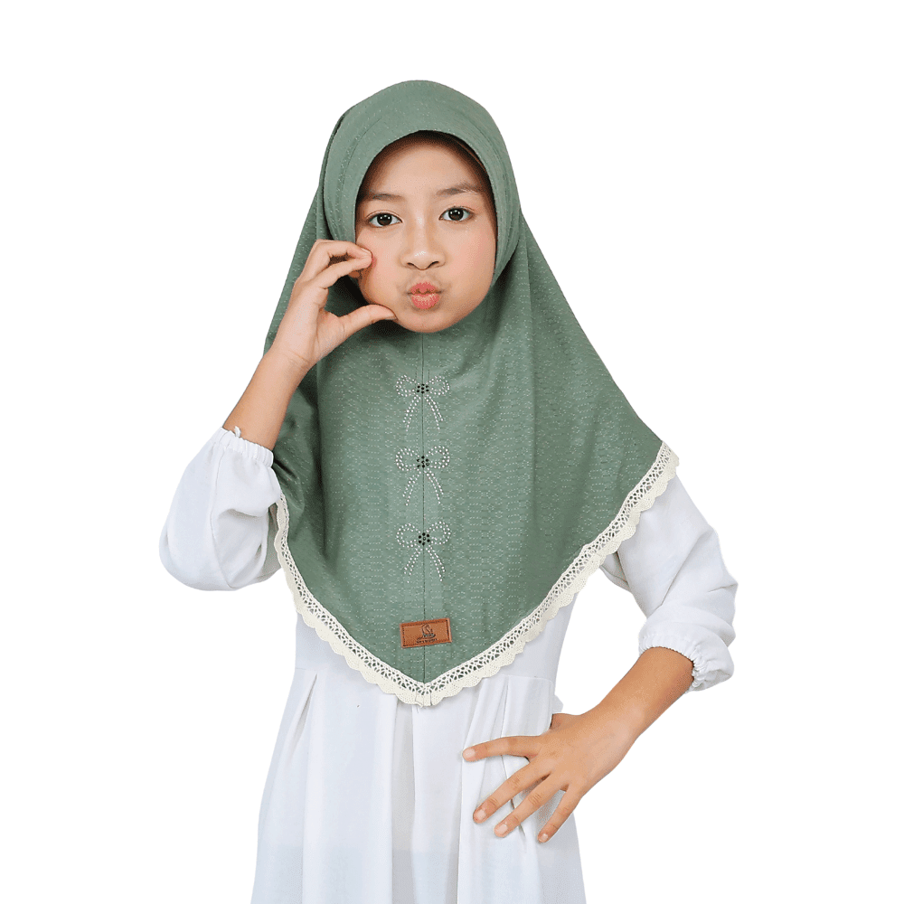 Dusty Green Bow and Lace Hijab for Kids