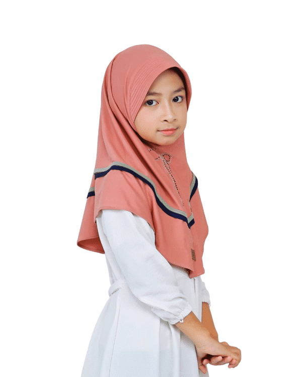 Charming Coral Pink Striped Hijab for Kids – Soft & Stylish - Image 2