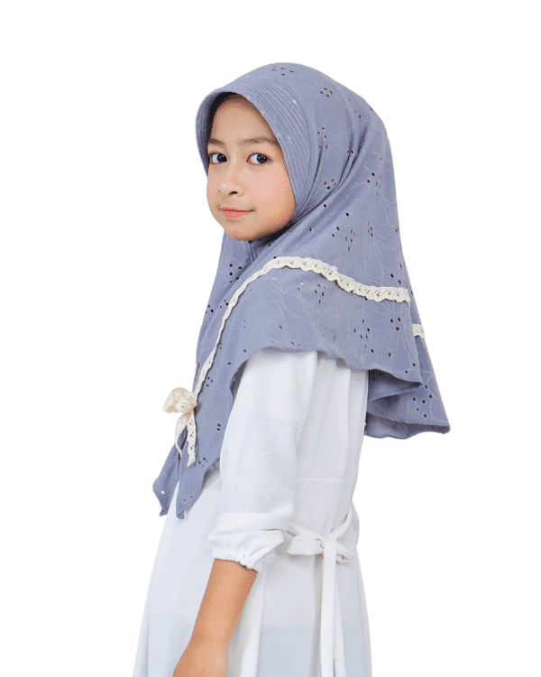 Dusty Blue Eyelet and Lace Hijab for Kids – Soft & Stylish - Image 2