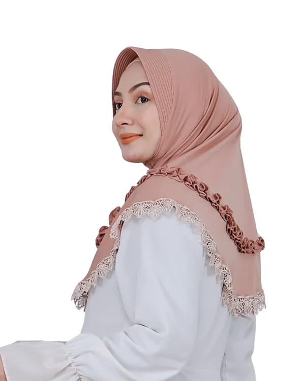 Rosy Beige Ruffled Lace Instant Hijab – Elegant & Feminine - Image 2
