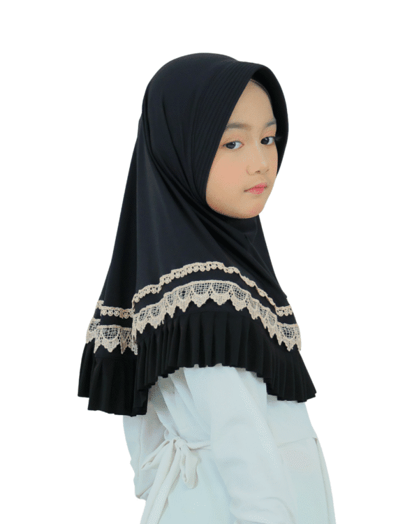 Chic Black Lace and Ruffle Hijab for Kids – Elegant, Stylish & Comfortable Wear - Image 2