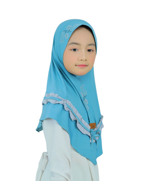 Charming Aqua Ruffled Hijab for Kids – Soft, Stylish & Comfortable Wear - Image 2