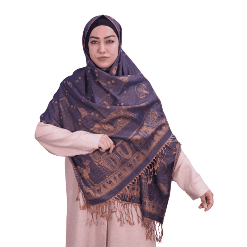 Navy Blue and Gold Camel Motif Jacquard Shawl