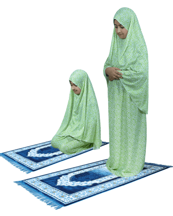 Premium Green Floral Print One-Piece Kids Islamic Prayer Dress with Attached Hijab