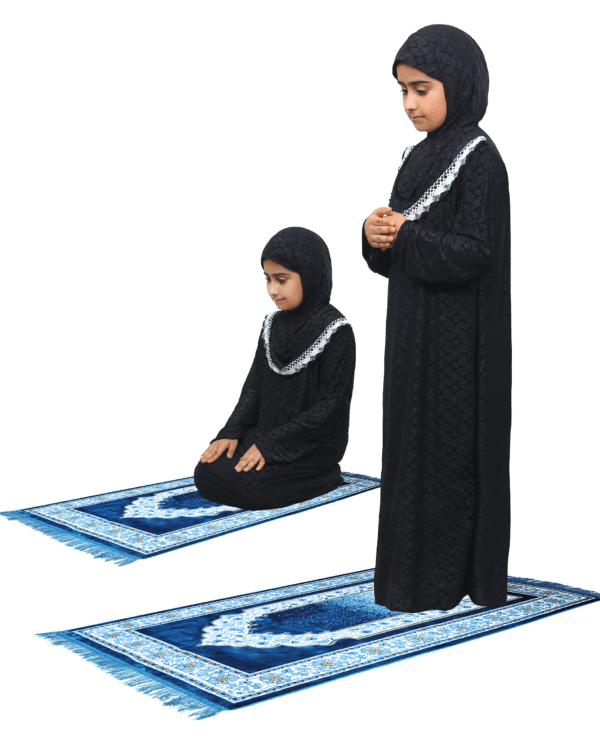 Deluxe Black Embossed Pattern Single-Piece Modest Girls Prayer Dress with Decorative Lace Trim