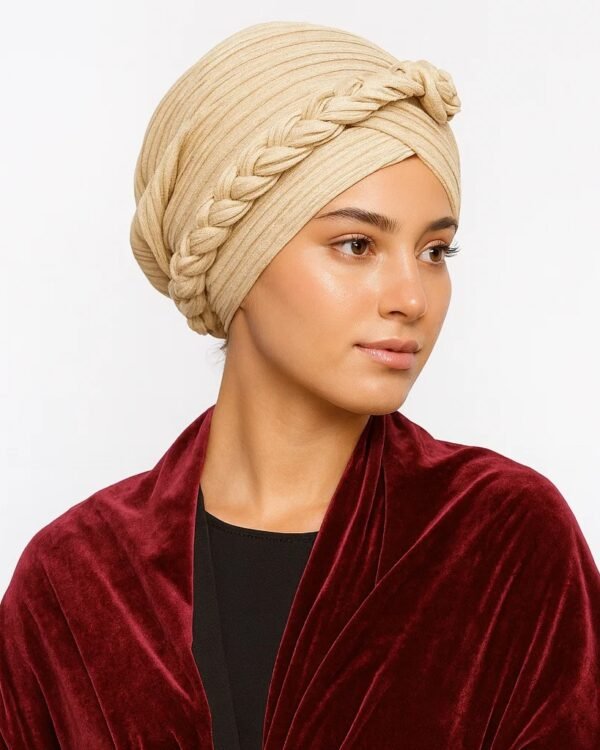 Beige Ribbed Turban with Braided Band Detail