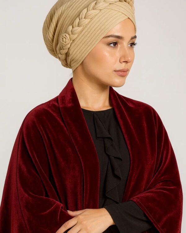 Beige Ribbed Turban with Braided Band Detail - Image 2