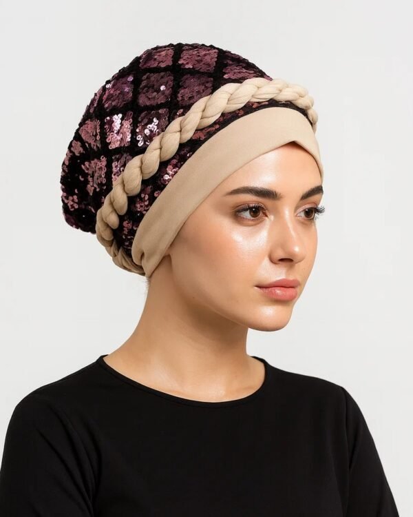 Two-Tone Sequin Turban - Burgundy & Cream with Braided Accent