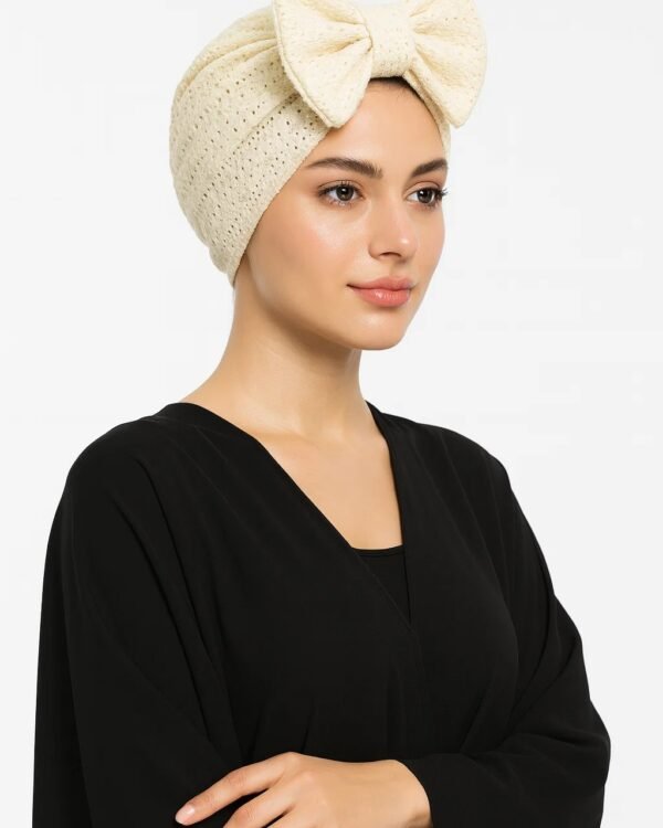 Cream Studded Turban with Oversized Bow Detail - Image 2