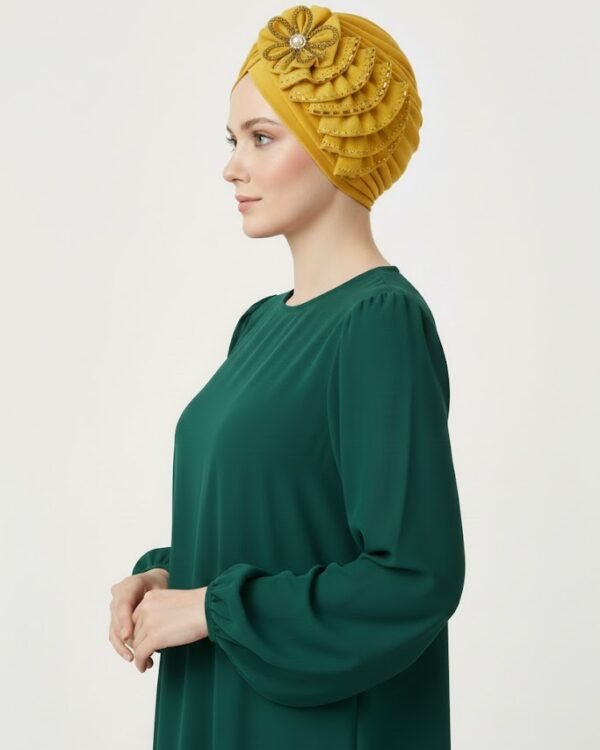 Mustard Yellow Embellished Turban with Floral Brooch - Image 2