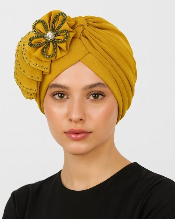 Mustard Yellow Embellished Turban with Floral Brooch