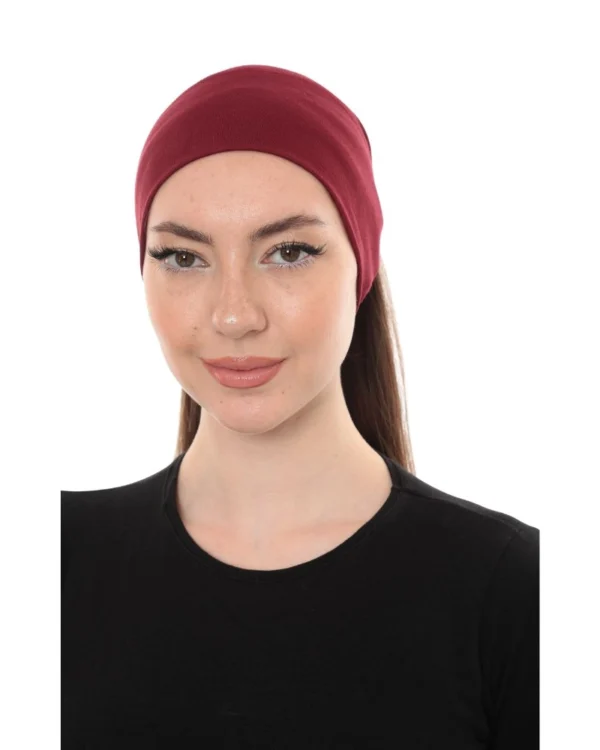 Soft Stretch Hijab Under-Cap Turban – Plain Burgundy / Deep Wine - Image 2