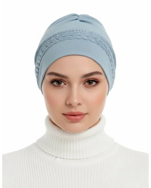 Lace Trim Sequin Band Turban Cap – Soft Blue Everyday Elegance