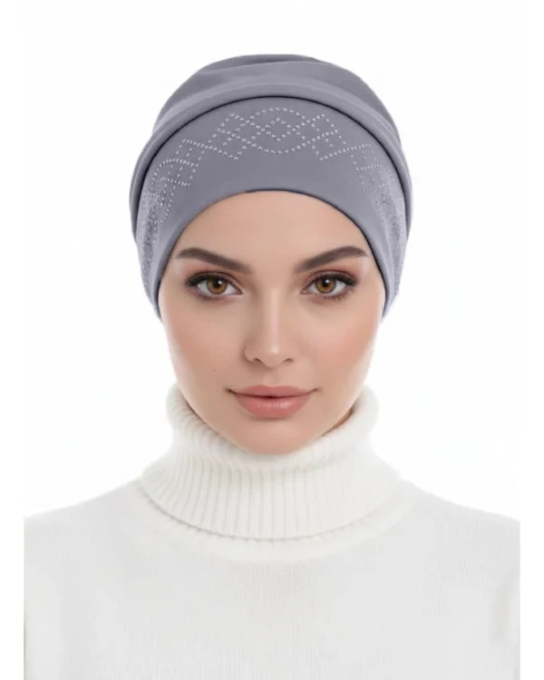 Rhinestone Diamond Pattern Turban Cap – Subtle Sparkle in Steel Grey - Image 1