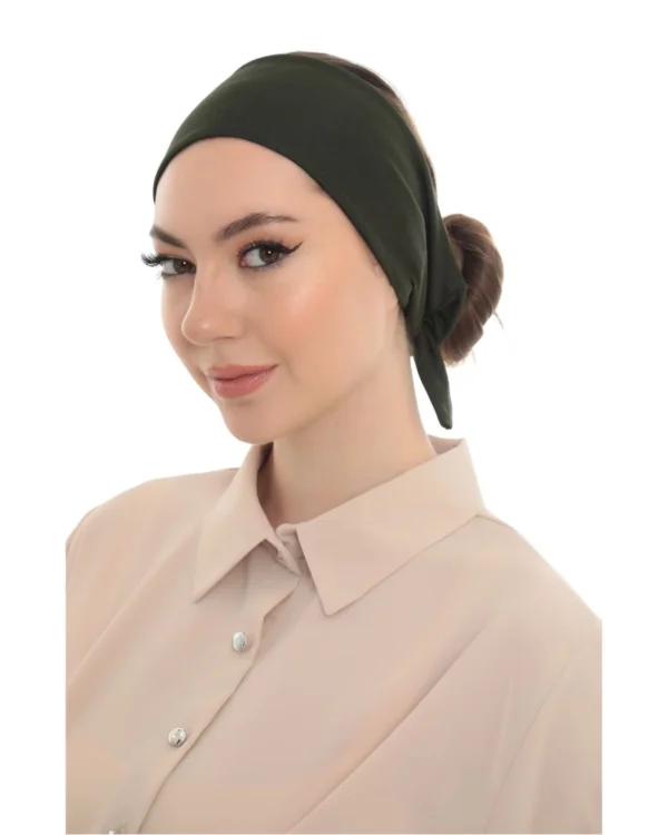 Wide-Band Tie-Back Hair Wrap Headband – Plain Khaki Green - Image 1