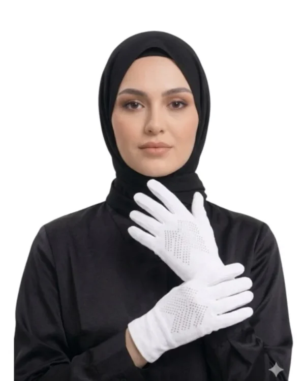 Women's Modest Stretch Gloves with Rhinestone Detail – White