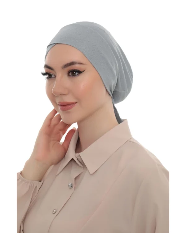 Stretch Tie-Back Hijab Under-Cap – Plain Light Blue Grey - Image 5