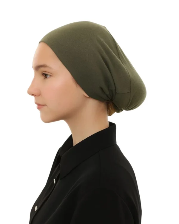 Junior Pull-On Hijab Under-Cap – Plain Olive Green / Girls' Size - Image 3