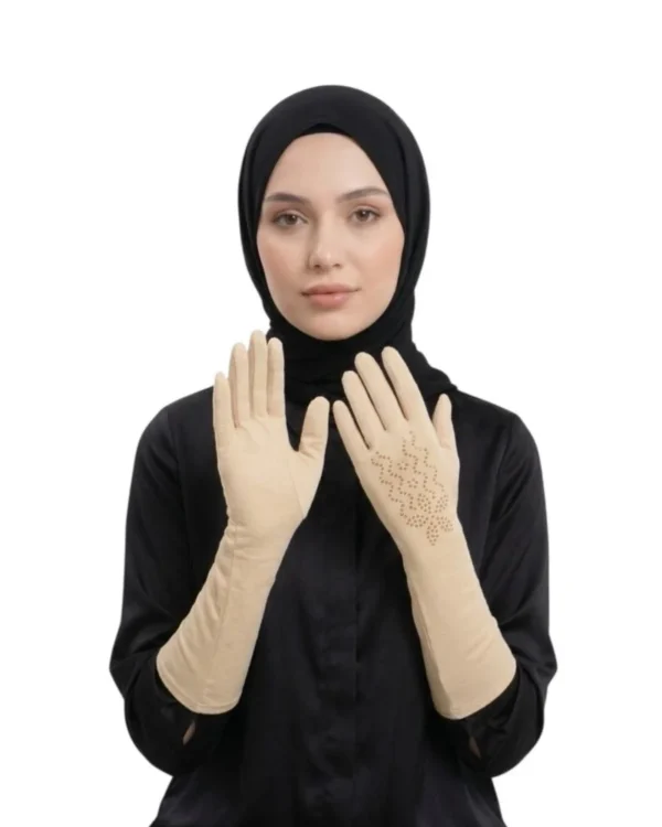 Women's Long-Cuff Modest Gloves with Floral Rhinestone Detail – Nude Beige