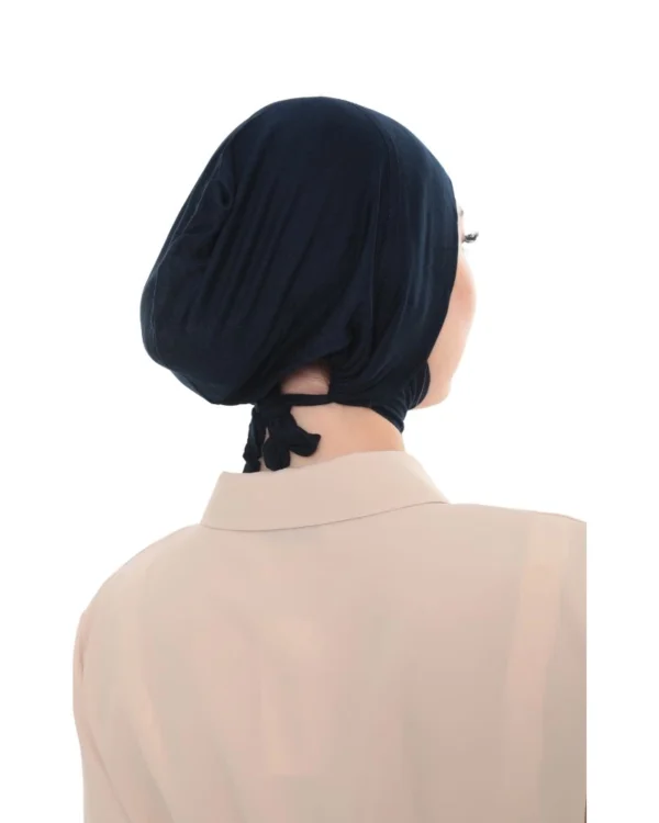 Soft Stretch Full-Coverage Neck-Tie Hijab Under-Cap – Plain Navy Blue - Image 4