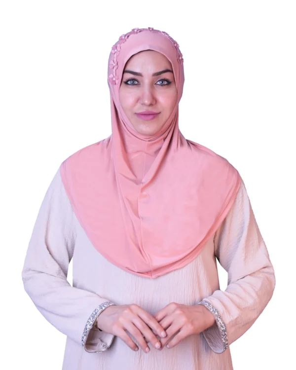 Women's Instant Khimar Bergo Hijab with 3D Floral Crown – Soft Peach Pink - Image 1
