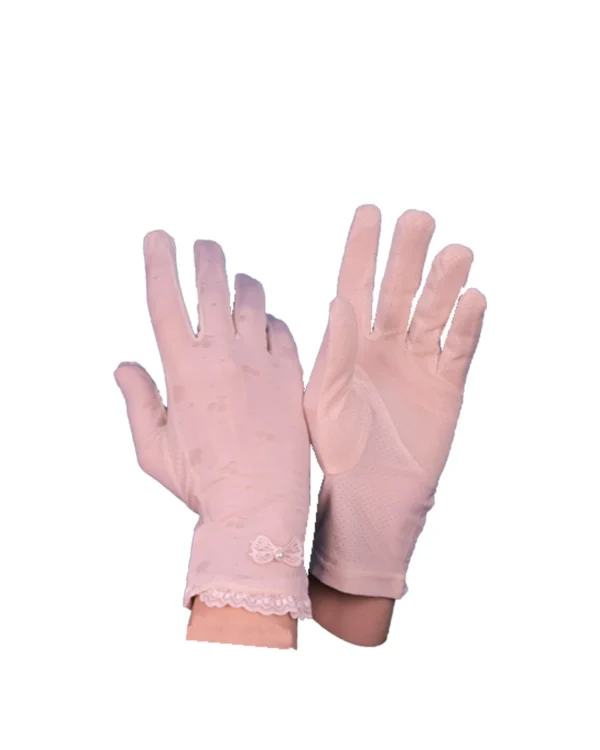 Women's Modest Stretch Gloves with Lace Bow Detail – Soft Lilac Pink - Image 3