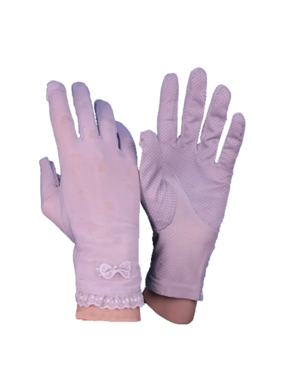 Women's Modest Stretch Gloves with Lace Bow Detail – Soft Lilac Pink - Image 2