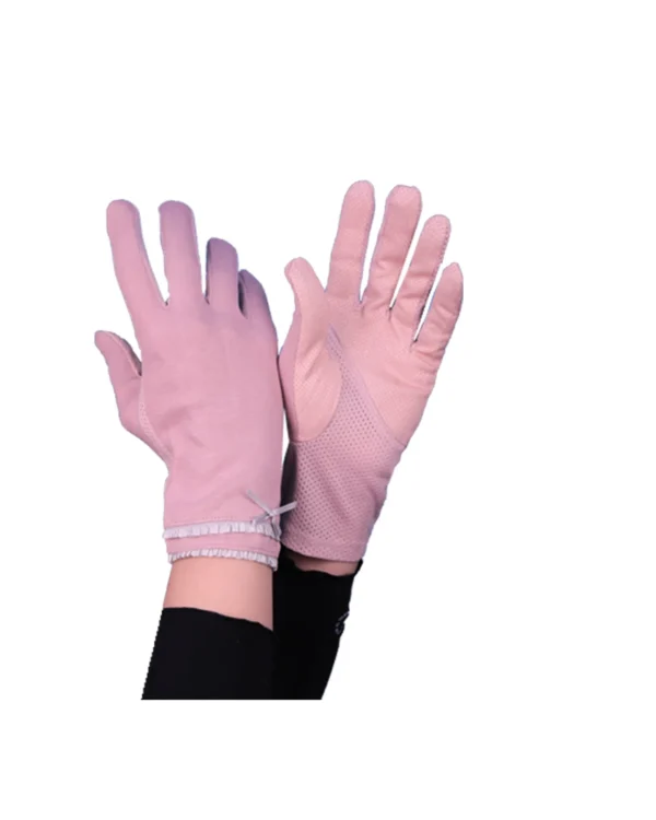 Women's Modest Stretch Gloves with Pleated Ruffle Cuff & Bow – Soft Nude Blush - Image 2