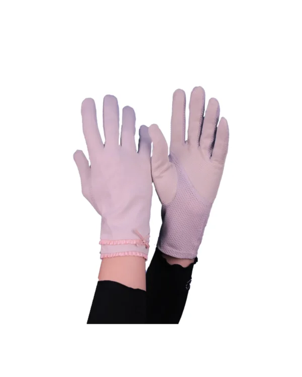 Women's Modest Stretch Gloves with Pleated Ruffle Cuff & Bow – Soft Nude Blush - Image 4