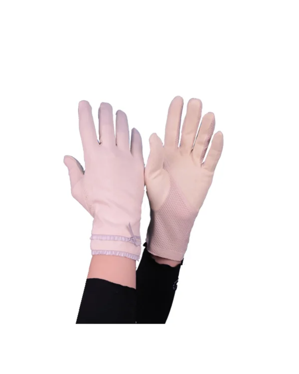 Women's Modest Stretch Gloves with Pleated Ruffle Cuff & Bow – Soft Nude Blush - Image 3
