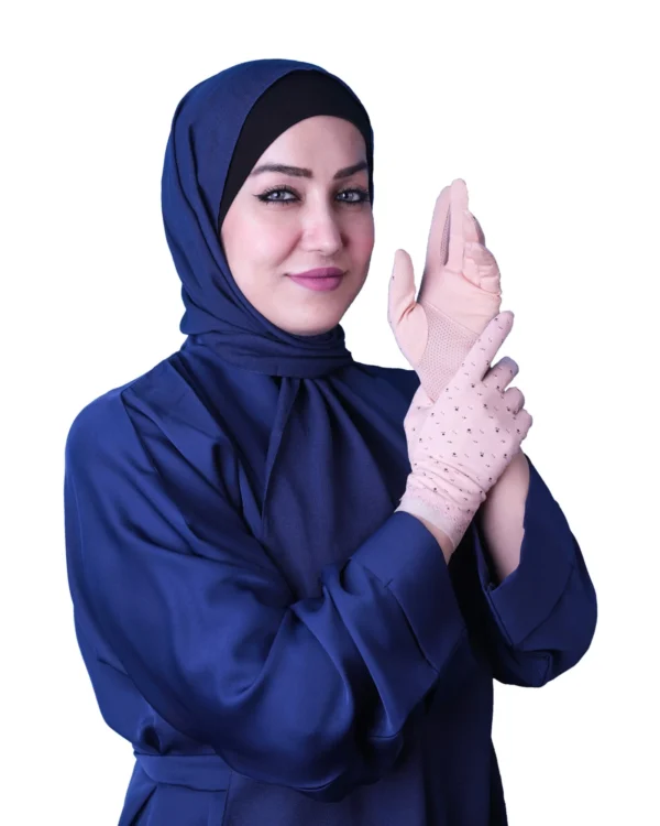 Women's Modest Stretch Gloves with Scattered Rhinestone Detail – Soft Nude Blush