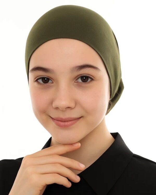 Junior Pull-On Hijab Under-Cap – Plain Olive Green / Girls' Size - Image 15