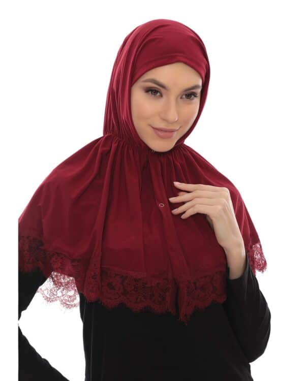 Lace Trim Instant Prayer Hijab – Elegant Burgundy Khimar for Women