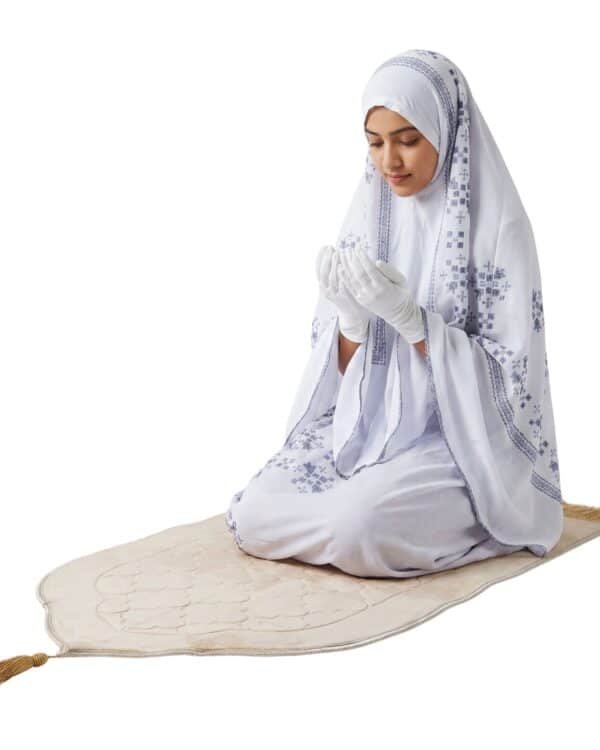 Women’s One-Piece Prayer Dress with Attached Hijab – White with Elegant Blue Embroidery