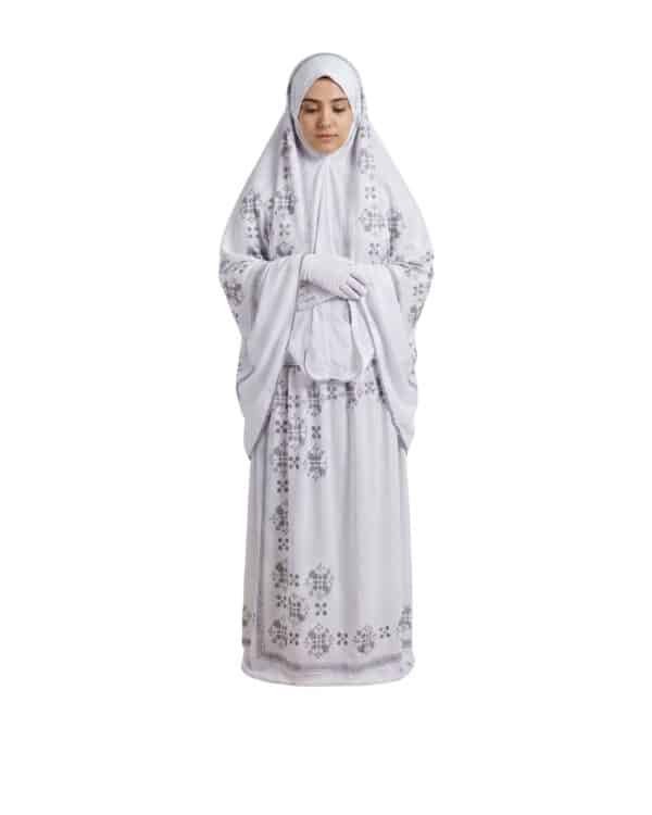 Women’s One-Piece Prayer Dress with Attached Hijab – White with Elegant Blue Embroidery - Image 2