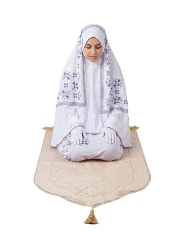 Women’s One-Piece Prayer Dress with Attached Hijab – White with Elegant Blue Embroidery - Image 3