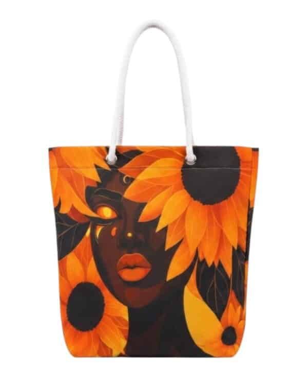 Sunflower Portrait Tote Bag | Floral Face Canvas Beach Bag for Women - Image 1