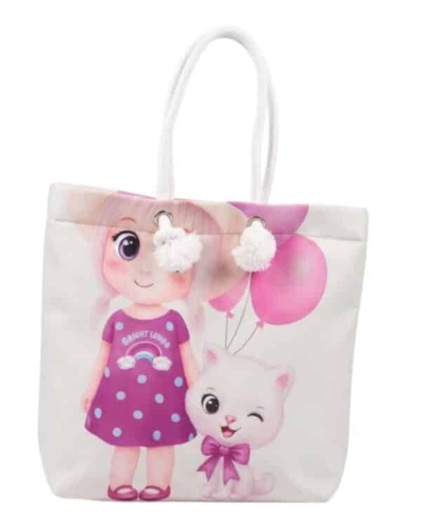 Cute Cartoon Tote Bag | Girl & Cat Canvas Beach Bag for Kids & Women - Image 1