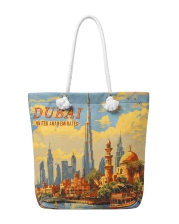Dubai Skyline Canvas Tote Bag – Vintage Travel Poster Shoulder Bag for Women - Image 1